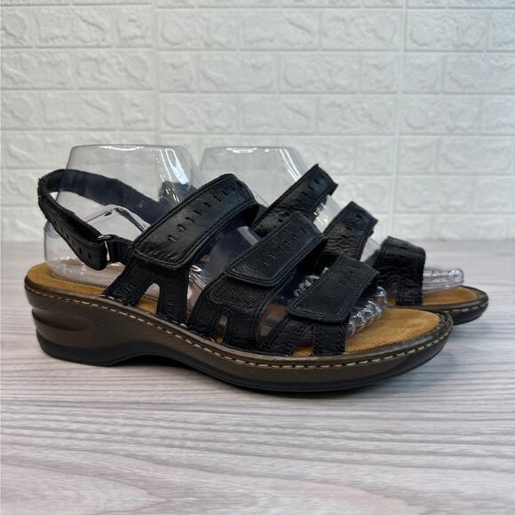 Clarks Artisan Sandal WMNS 8.5 Black Leather Comfort Hook Loop Cushioned Casual - Picture 1 of 9